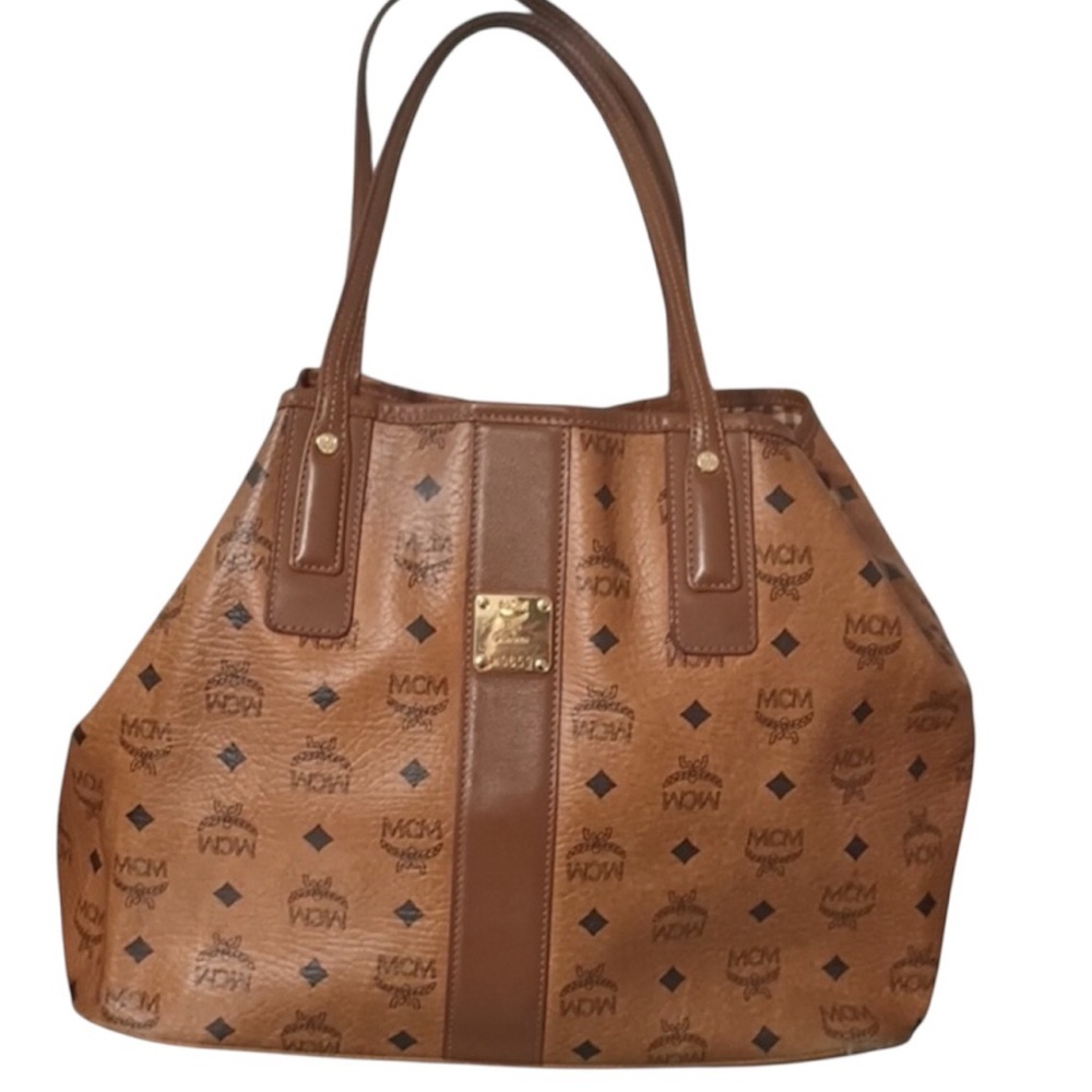 MCM Cognac Liz Reversible Vestos Large Shopper Tote Brown Monogram Gold Hardware